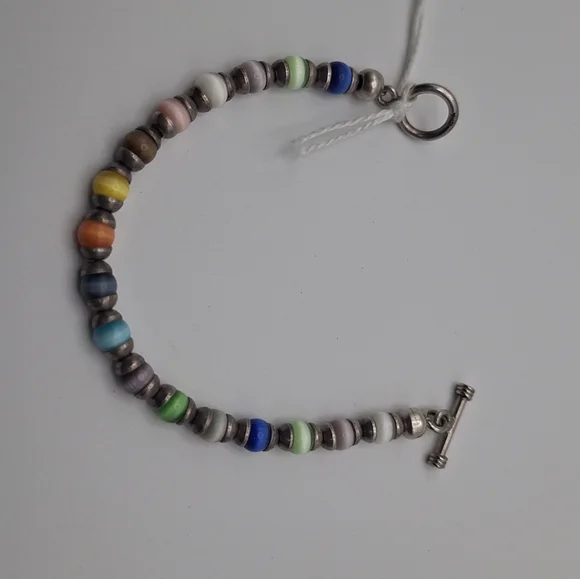 Vtg Sterling Silver Multicolor Glass Cat Eye Bracelet 7" Toggle Clasp 14.41g - Picture 2 of 7